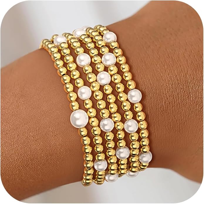 Gold Bead Bracelets for Women Girls - 14K Gold Plated Dainty Round Bead Ball Pearl Cross Bracelet Stack for Women Teenage Girls Stackable Jewelry Christmas Gifts