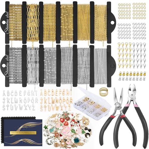 HUISUYTON 18K Gold Necklace Chain Kit for Jewelry Making, 59FT 12Rolls Bracelet Chains with Charms/Pliers/Jump Rings/Lobster Clasps Accessories for DIY Necklace Bracelet Making - color: 18k Gold Plated and Stainless Steel Silver-59Ft+Pendants