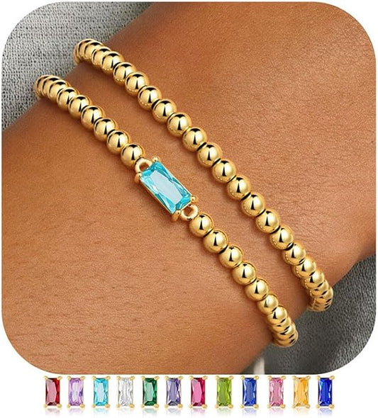 Ursteel Valentines Gifts for Her Kids Girls, Elastic Birthstone Bracelet for Women 14K-Gold-Plated Beaded Bracelet Non Tarnish Trendy Birthstone Jewelry Birthday Gifts for Women
