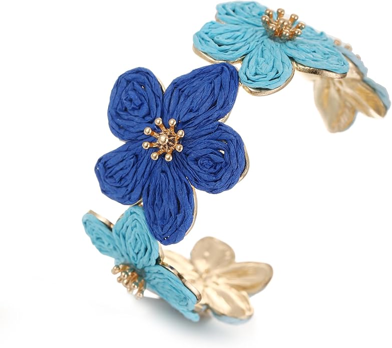 Raffia Flower Cuff Bracelet for Women, Floral Chunky Bangle Wide Open Cuff Statement Bracelet