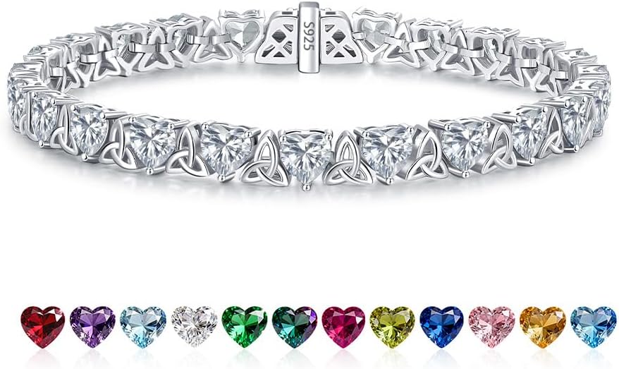 Birthstone Tennis Bracelets for Women, 925 Sterling Silver Heart Shaped Celtic Trinity Knot, 7 Inch Charm Trendy Hypoallergenic Anniversary Birthday Gifts for Her
