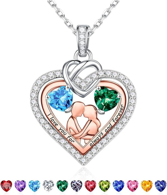 Iefil Valentines Day Gifts for Her - 925 Sterling Silver Double Heart Birthstone Necklace for Women, Anniversary Birthday Gifts for Wife I Love You Gift Couple Sitting Hugging Each Other Jewelry Gift