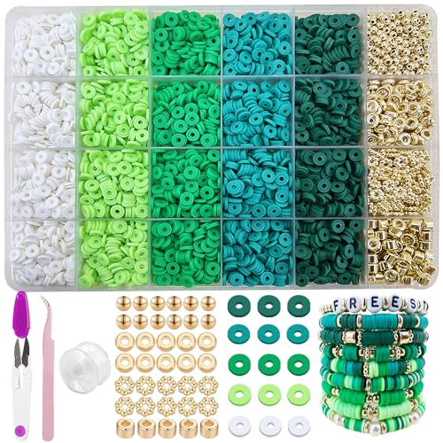 MIIIM Green Clay Beads Kit for Bracelets Making, Heishi Beads for Friendship Bracelet, Clay Charms and Gold Spacers for Jewelry Making, Crafts, Concert, Raves, Gifts - color: Green