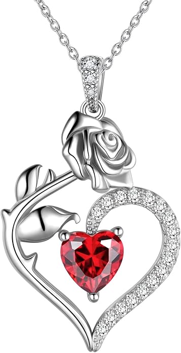 Jewmon Valentine Day Gifts for Her Rose Heart Birthstone Necklace for Women 925 Sterling Silver Birth Stone Flower Rose Necklace Anniversary Love GIfts for Girlfriend Wife Mom Birthday Gifts for Her
