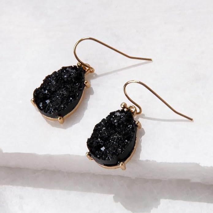 Teardrop Dangle Earrings for Women with Simulated Druzy Stones in Gold or Silver Tone