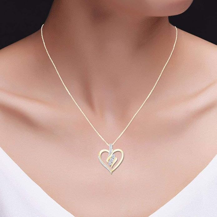 3 Stone Heart Pendant Necklace for Women in 14K Gold Over 925 Sterling Silver, Natural Diamond, Moissanite or Lab-Grown Diamond (0.25 Ct), Dainty Jewelry Gift with 18" Chain for Her Valentine’s Day