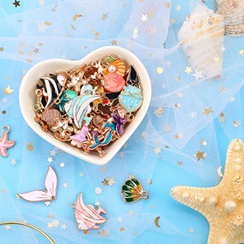 MARFOREVER 120 Pcs Ocean Themed Sea Charms for Jewelry Making, Assorted Gold Enamel Starfish Seashell Marine Pendants for Necklace Earring Bracelet Crafting Holiday Gifts for Women Mom Girls - style: Ocean