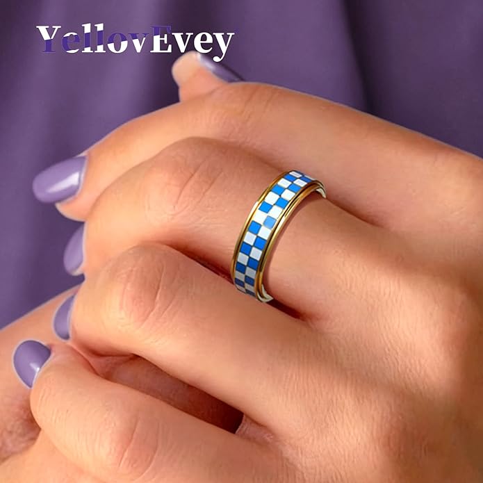 Checkered Fidget Ring For Women - Blue Chessboard Design Band Rings Anxiety & Stress Relief Stacking Spinner Rings, Stainless Steel Spinning Ring Anti-Anxiety Jewelry Gift for Adults