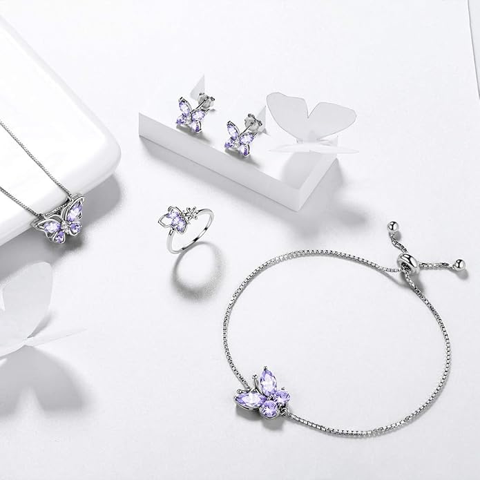 Aurora Tears Butterfly Jewelry,Women 925 Sterling Silver Butterflies Birthstone Pendant Necklace/Earrings/Rings Wedding Gift