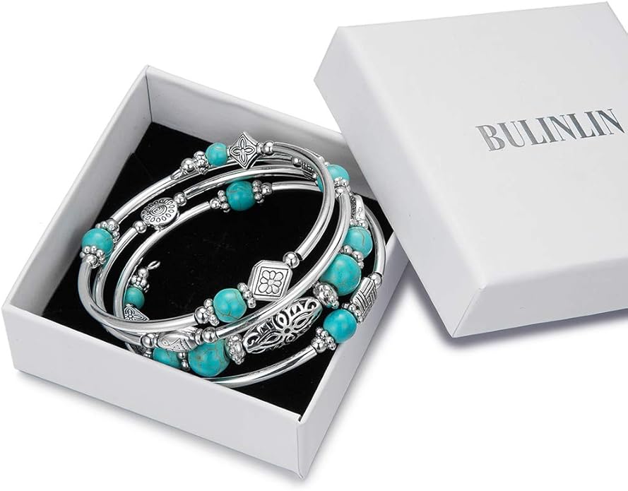 BULINLIN Layered Wrap Bangle Turquoise Bracelet - Bead Bracelet with Natural Agate Stone, Gifts For Women