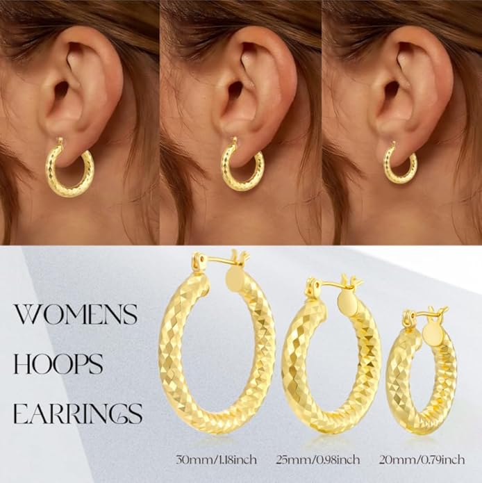 Gold Plated Hoop Earrings for Women 14K Gold Plated Earrings for Women Hypoallergenic Lightweight Wrinkle Texture Earrings Womens 20mm/25mm/30mm