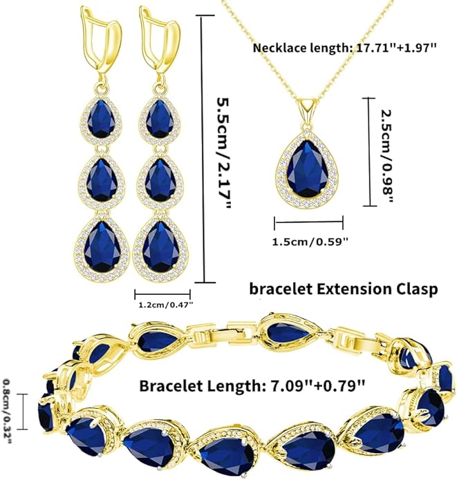 LMXXVJ Necklace Long Earrings Bracelet Set, White Gold Plated Created Blue Sapphire Jewelry Set Wedding Party Gift Jewelry for Women Bridal Bridesmaid