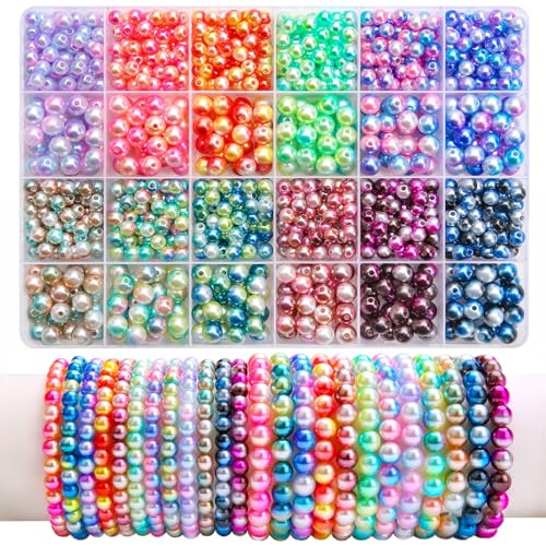BONNY BOXX 1020PCs 6 & 8MM Gradient Mermaid ABS Pearl Beads Set for Jewelry Making Loose Round Faux Pearls with Holes for Bracelet Necklace Earring Accessories Vase Filler - color: Gradient Mermaid ABS Pearl Beads Set
