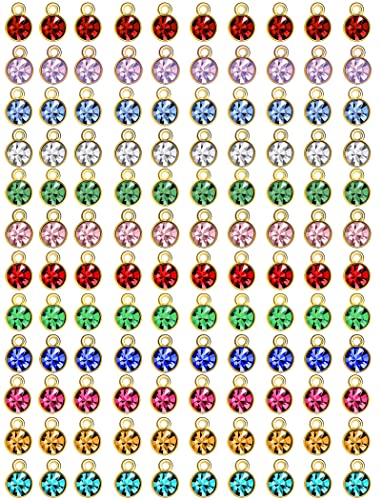 BetterJonny 120 Pieces Crystal Birthstone Charms Beads, 12 Colors Round Crystal Charm with Rings Handmade Jewelry Pendants for Jewelry Necklace Bracelet Earring Making - color: （#A）Gold Round