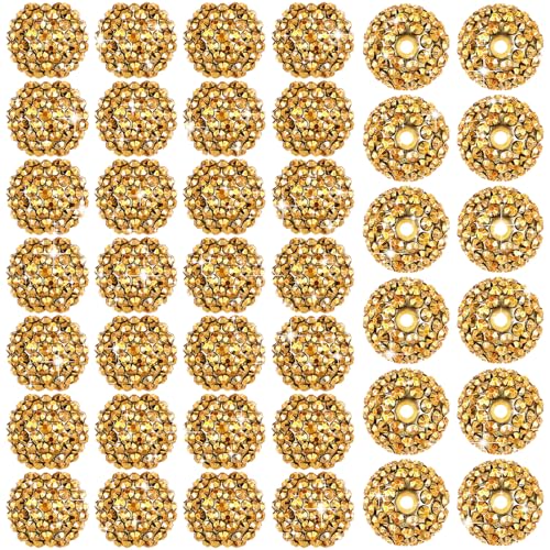 40 Pcs 20 mm Rhinestone Beads Bulk Crystal Round Disco Ball Chunky Bubblegum Beads for Pens Bracelets Charms Craft European Style Jewelry Making Supplies Christmas(Gold) - color: Gold