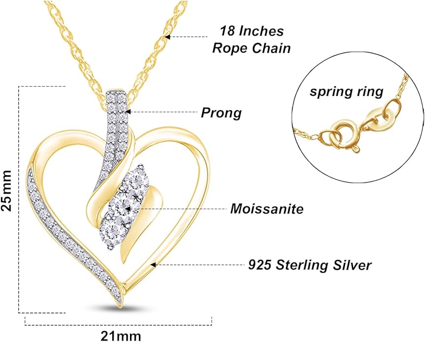 3 Stone Heart Pendant Necklace for Women in 14K Gold Over 925 Sterling Silver, Natural Diamond, Moissanite or Lab-Grown Diamond (0.25 Ct), Dainty Jewelry Gift with 18" Chain for Her Valentine’s Day