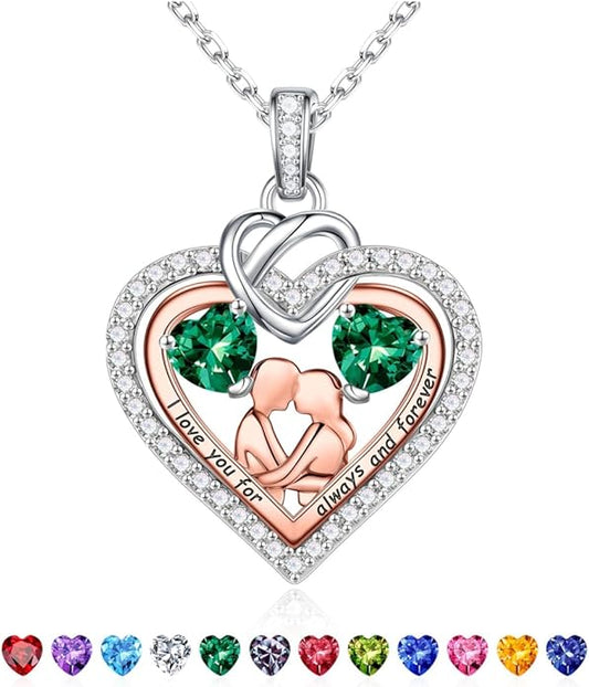 Iefil Valentines Day Gifts for Her - 925 Sterling Silver Double Heart Birthstone Necklace for Women, Anniversary Birthday Gifts for Wife I Love You Gift Couple Sitting Hugging Each Other Jewelry Gift
