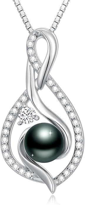 Tahitian Black Pearl 18K White Gold Plated Sterling Silver Heart/Infinity/Four Leaf Clover Pendant Necklace Jewelry Gifts for Women Wife Mom Girlfriend Wedding Birthday Anniversary Christmas