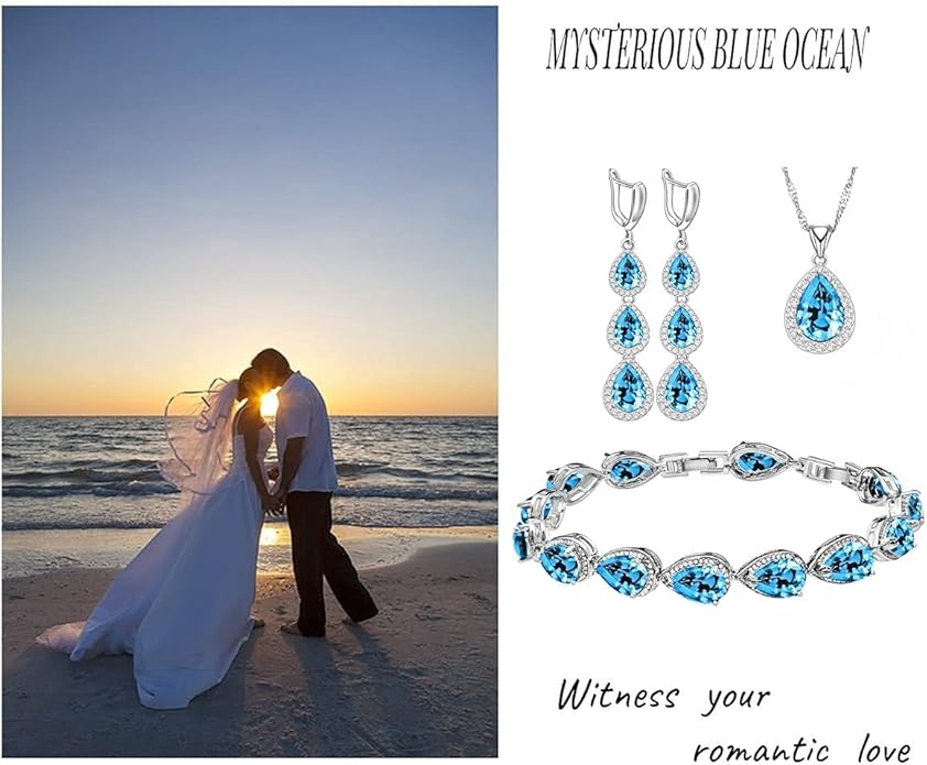 LMXXVJ Necklace Long Earrings Bracelet Set, White Gold Plated Created Blue Sapphire Jewelry Set Wedding Party Gift Jewelry for Women Bridal Bridesmaid