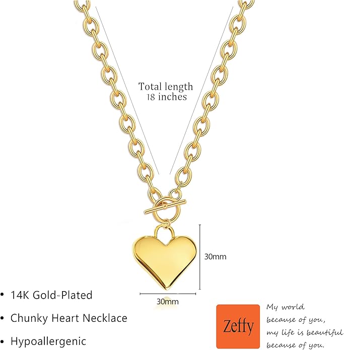 Zeffy 14K Gold/Silver Plated Chunky Thick Chain Toggle Clasp Necklace Dainty Baroque Pearl/Heart/Cross/Turquoise Pendant Necklace