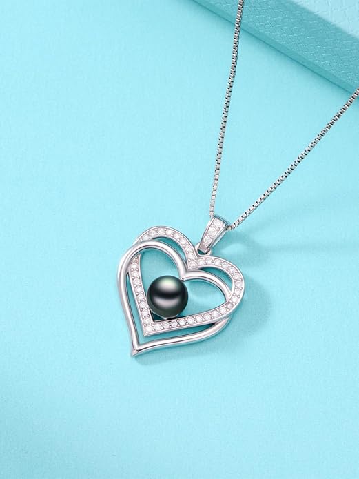 Tahitian Black Pearl AAAA 18K White Gold Plated Sterling Silver Heart Pendant Necklace for Women Wife Mom Girlfriend Valentine Her Jewelry Gift for Anniversary Birthday Christmas