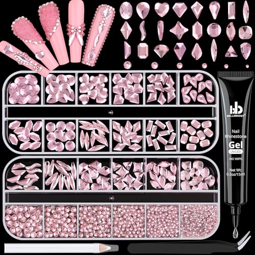 1680Pcs Pink Glass Nail Rhinestones 180Pcs Multi Shapes Flatback Nail Gems + 1500Pcs 1.5-4mm Round Crystal with Rhinestones Glue Gel, Manicure Nail Charms Diamond Gemstones for Nail Art - color: Pink with Glue
