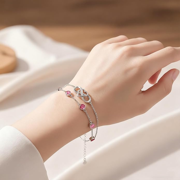 Prismata Infinity Birthstone Charm Link Bracelet 925 Sterling Silver Adjustable 12 Months Birthstone Infinity Bracelet Birthday Jewelry Gifts for Women Mom Her,with 7"+2" chain