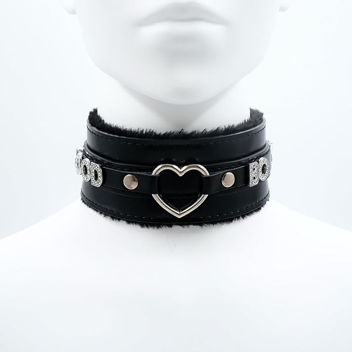 Pink Furry Heart O-ring Leather Choker Collar For Women, Handmade Punk Gothic Letter Necklace Adjustable Fashion Jewelry