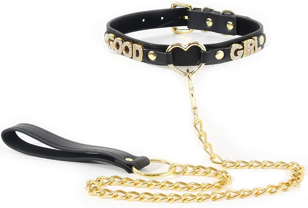 Succuba Handmade Heart Ring Rhinestone Letter Pu Leather Choker Collar Necklace for Women and Men