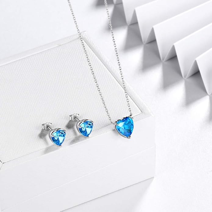 Aurora Tears Hearts Necklace Earrings Jewelry Sets - Women 925 Sterling Silver Birthstone Pendants Earrings Set Crystal Wedding Birthday Jewelry