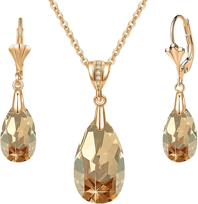 EVEVIC Austrian Crystals Teardrop Pendant Necklace Earrings for Women 14K Gold Plated Hypoallergenic Leverback Drop Dangle Earrings Jewelry Set