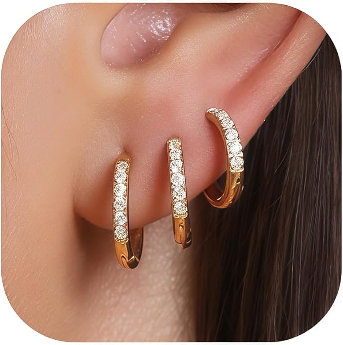 Busy Women's Gold Huggie Earrings Hoops Set — Small Dainty Cubic Zirconia Hoop Earrings 14K Gold Plated, Shower-Safe, Work-Ready, Skin-Friendly, Easy to Stack (3 Pairs)