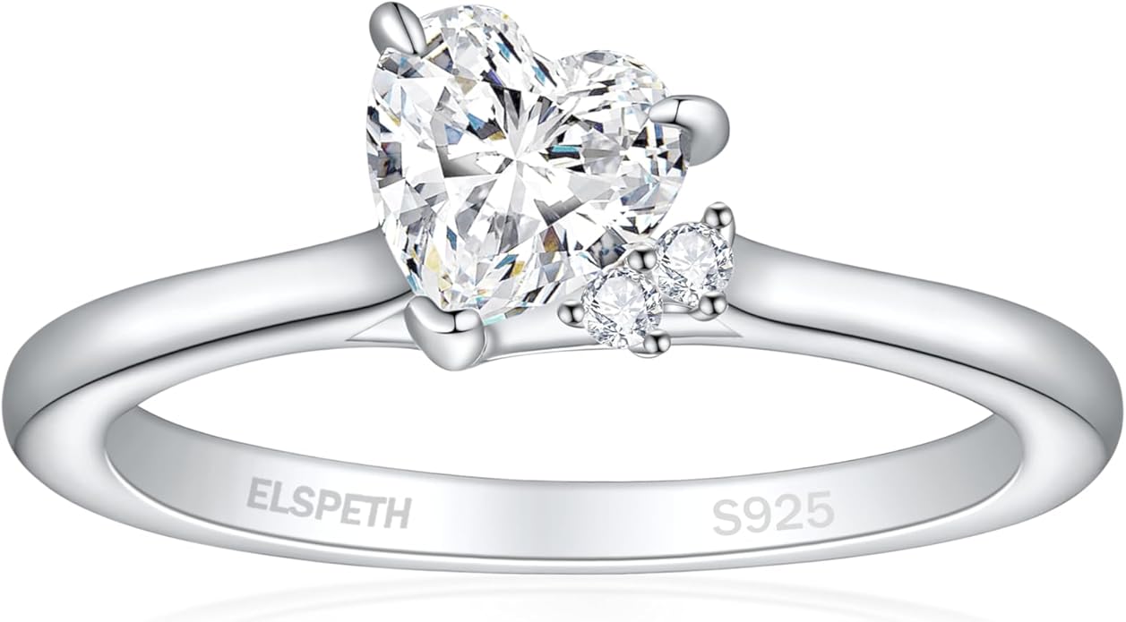 Elspeth 925 Sterling Silver Heart Engagement Ring for Women Heart Cut Cubic Zirconia Promise Ring Size 4-10