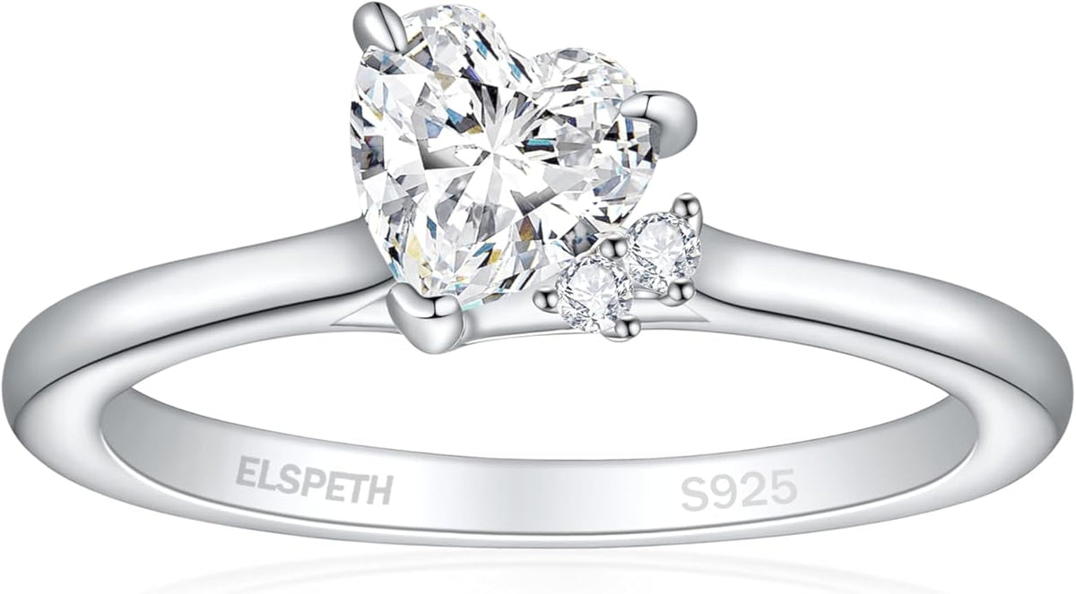 Elspeth 925 Sterling Silver Heart Engagement Ring for Women Heart Cut Cubic Zirconia Promise Ring Size 4-10