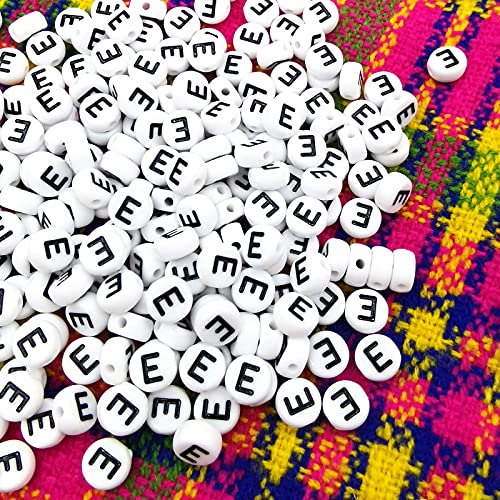 Amaney Vowel Letter Beads E 100pcs 7×4mm White Round Acrylic Black Alphabet for Jewelry Making - color: E