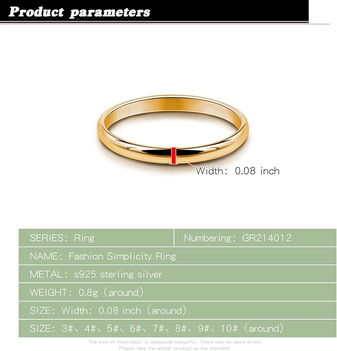 Dankadi Simple Fashion S925 Sterling Silver Ring Smooth Plain Dome Comfort Solid Silver Wedding Ring For Men & Women 3.5 mm 3-13# 24k Real Gold Plated Jewelry