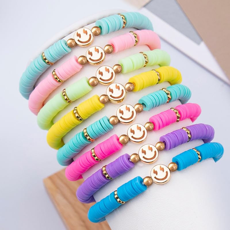 JIASHUYEYE Preppy Bracelets for Teen Girls - Stackable Boho Surfer Friendship Bracelets Set for Little Girls & Women - style: 9Pcs - Smiley Face B