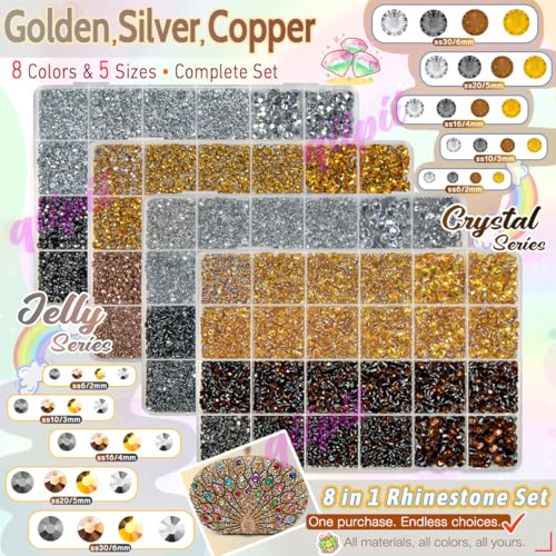 qiipii 8 Color 2-6mm Golden Silver Copper Resin Rhinestones w B7000 Jewelry Glue for Bedazzling Crafting Flatback Stones Gems Diamonds for Nails Face Eyes Makeup Tumblers Bottles DIY Crafts Clothes - color: Golden / Silver / Copper Metallic Series Rhinest