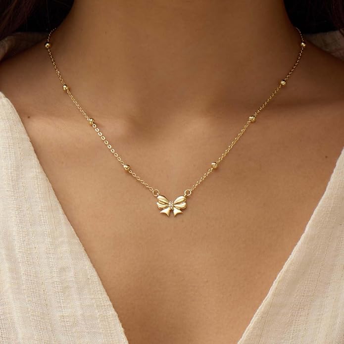 Valentines Day Gifts for Her - Dainty Bow Necklace for Women 14K Gold Plated Cute Choker Small Pendant Charm Necklaces Teen Gift Trendy Stuff Personalized Jewelry