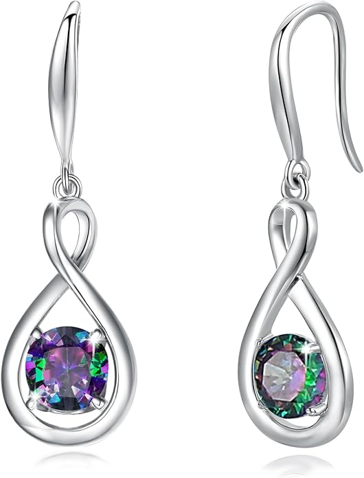 FANCIME Valentines Day Gift Dangle Drop Earrings 925 Sterling Silver Dainty Infinity Round Gemstone Birthstone Jewelry Birthday Gifts for Her Women
