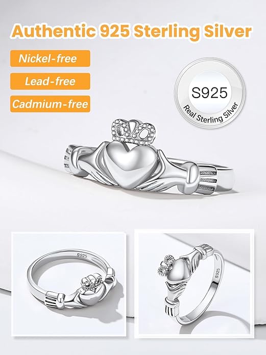 Bestyle 925 Sterling Silver Ring for Women, Minimalist Claddagh Ring Celtic Knot Ring for Women, Irish Promise Wedding Band, Gold/Rose Gold Vermeil Women Band Ring, Stackable, Gift for Her