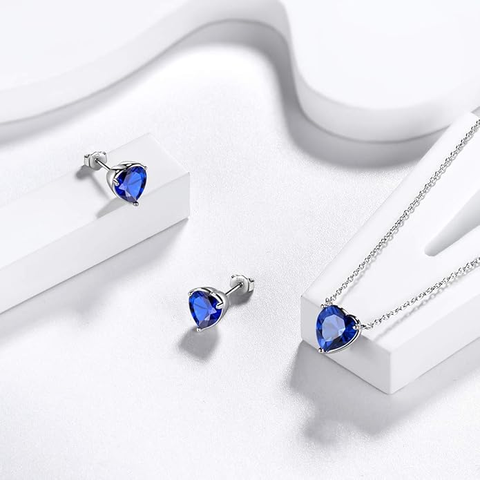 Aurora Tears Hearts Necklace Earrings Jewelry Sets - Women 925 Sterling Silver Birthstone Pendants Earrings Set Crystal Wedding Birthday Jewelry
