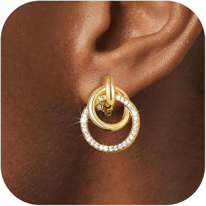14K Gold Plated Chunky Clip On Earrings for Women 14k Gold Knot Link Clip Earrings Silver Rhinestone Hoop Clip On Earrings Jewelry for Women
