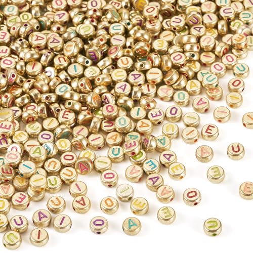 500Pcs Vowel Letter Opaque Acrylic Beads 7x3.5mm Flat Round Initial Letter Alphabet A/E/I/O/U Loose Spacer Beads for DIY Friendship Bracelet Necklace Jewelry Making - color: Golden Color
