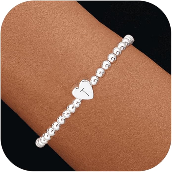 Valentines Day Gifts for Women Her - Dainty Beaded Heart Initial Bracelets Letter A-Z Charm Stretch Bead Ball Bracelet Trendy Jewelry Gifts