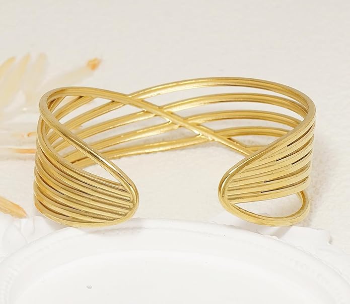 Multi-layer Cuff Bracelet for Women Cross Wire Bracelets Open Wide Cuff Gold Bangle Bracelet