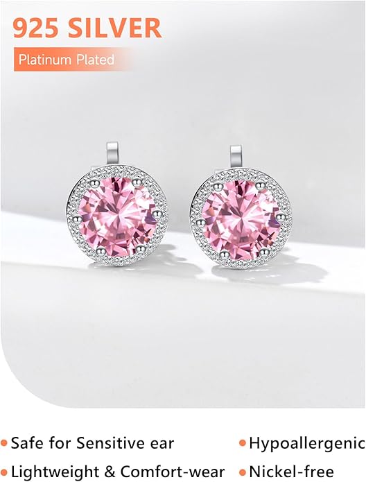 Silvora 925 Silver 8MM Cubic Zirconia Birthstone Clip On Stud Earrings Round Non Pierced Earrings For Women,Come with Box
