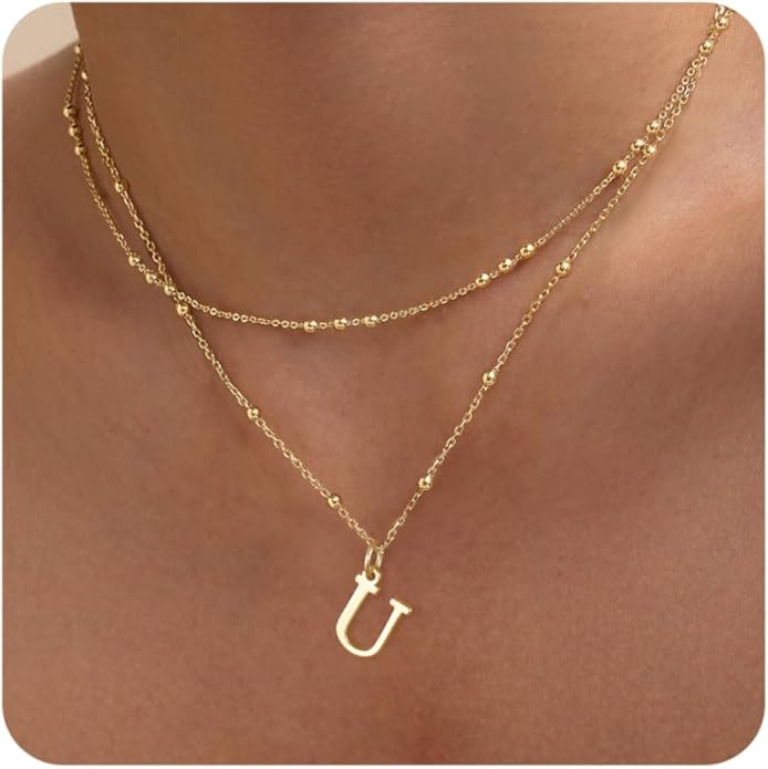 Initial Necklaces for Women, Dainty 14K Gold Plated Layered A-Z Letter Pendant Necklace Trendy Cute Choker Name Charm Necklace Stack Personalized Jewelry Gift for Her Birthday Christmas Gift