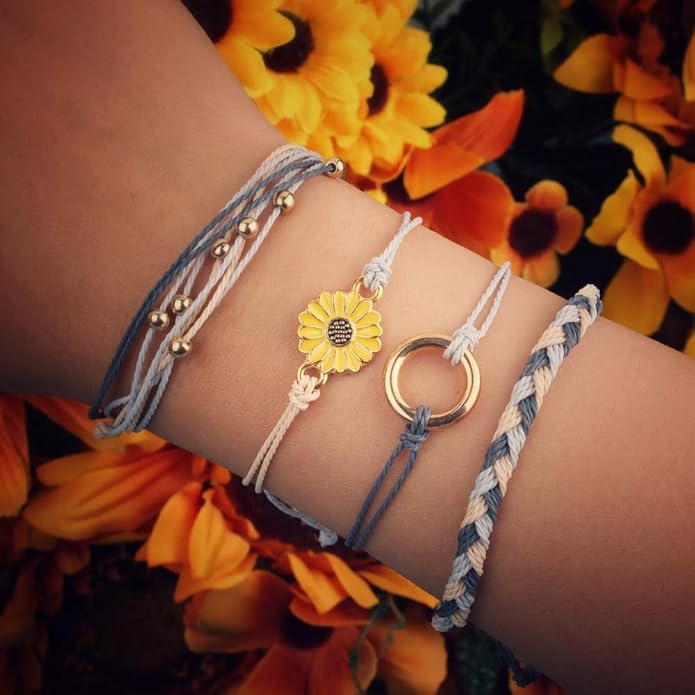 FANCY SHINY Sunflower String Bracelet Boho Braided Rope Wrap Bracelets Cute Summer Beach Surfer Jewelry for Women