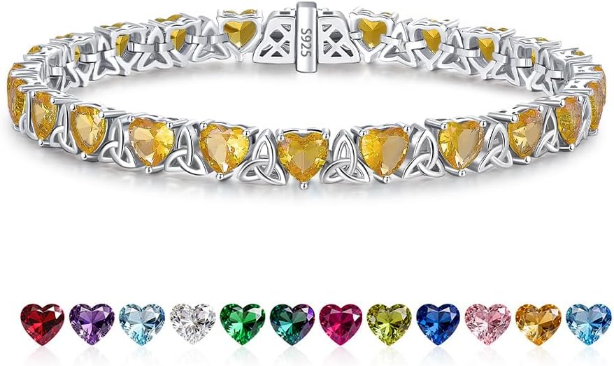Birthstone Tennis Bracelets for Women, 925 Sterling Silver Heart Shaped Celtic Trinity Knot, 7 Inch Charm Trendy Hypoallergenic Anniversary Birthday Gifts for Her